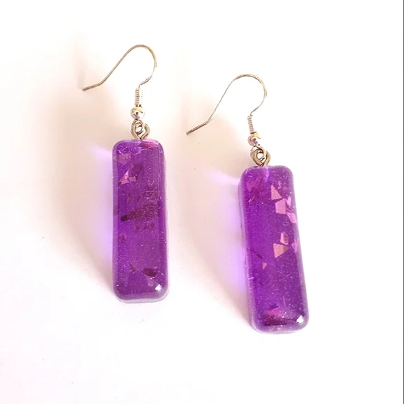 Purple chunky glitter bar dangle earrings with silver hooks new handmade Resin - Picture 2 of 6